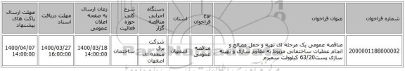 مناقصه عمومی یک مرحله ای تهیه و حمل مصالح و انجام عملیات ساختمانی مربوط به مقاوم سازی و بهینه سازی پست63/20 کیلوولت سمیرم