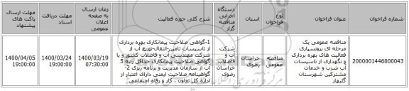 مناقصه عمومی یک مرحله ای برونسپاری فعالیت های بهره برداری و نگهداری از تاسیسات آب شرب و خدمات مشترکین شهرستان گلبهار
