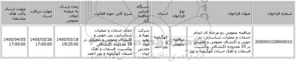 مناقصه عمومی دو مرحله ای انجام خدمات و عملیات شناسایی، پی جویی و اکتشاف عمومی و تفصیلی در 10  محدوده اکتشافی بوکسیت، فسفات و آهک استان کهگیلویه و بویر