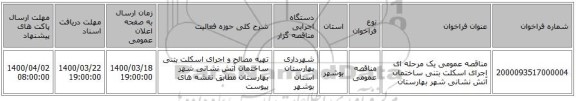 مناقصه عمومی یک مرحله ای اجرای اسکلت بتنی ساختمان آتش نشانی شهر بهارستان