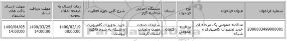 مناقصه عمومی یک مرحله ای خرید تجهیزات کامپیوتری و شبکه 