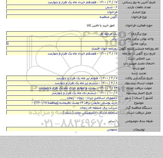 خرید پوشش عایقی برای ۱۲ پست باقیمانده  (مناقصه ۱۴۰۰/۰۸)