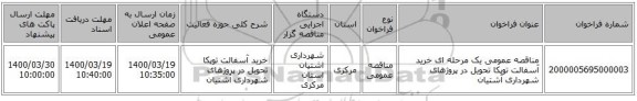 مناقصه عمومی یک مرحله ای خرید آسفالت توپکا تحویل در پروژهای شهرداری آشتیان 