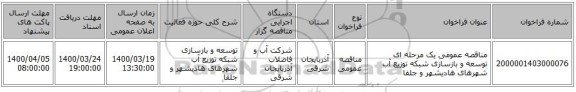 مناقصه عمومی یک مرحله ای توسعه و بازسازی شبکه توزیع آب شهرهای هادیشهر و جلفا