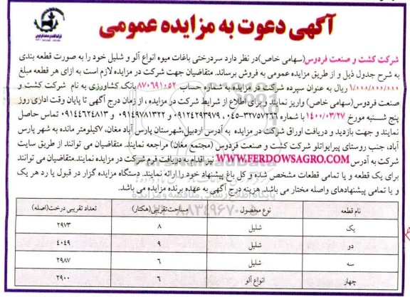 مزایده سردرختی باغات میوه انواع آلو و شلیل 
