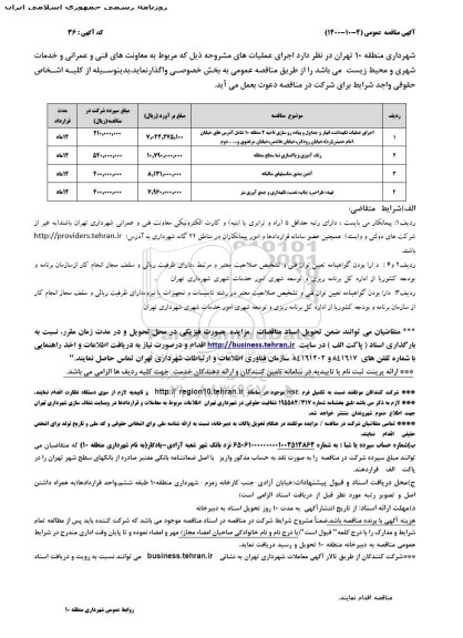 مناقصه اجرای عملیات نگهداشت انهار و جداول....