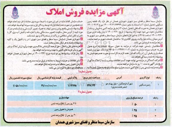 مزایده،مزایده فروش یک قطعه زمین مسکونی 227.44 مترمربع 