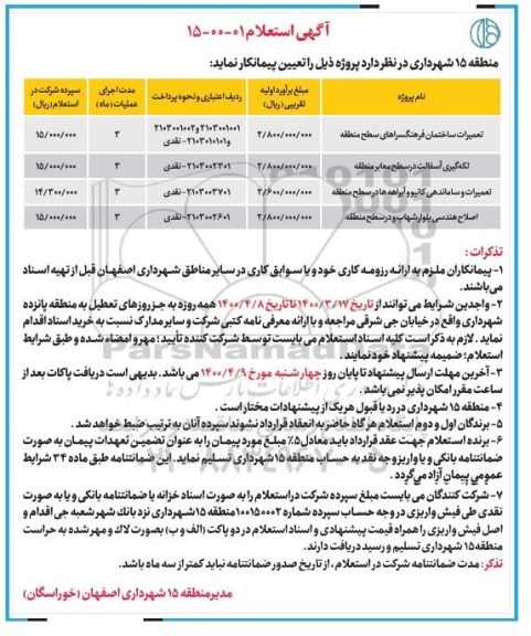 استعلام, استعلام تعمیرات ساختمان فرهنگسراهای سطح منطقه...
