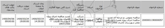 مناقصه عمومی دو مرحله ای تجدید مناقصه اجرای پروژه تعمیرات روشنایی معابر شهرستان کاشان 1947/1400
