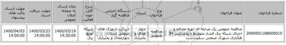 مناقصه عمومی یک مرحله ای تهیه مصالح و اجرای شبکه برق فشار متوسط و روشنایی 54 هکتاری شهرک صنعتی سفیددشت