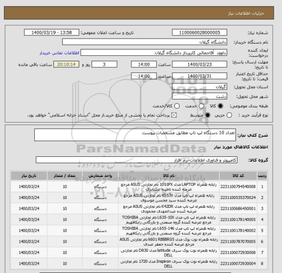 استعلام تعداد 10 دستگاه لپ تاپ مطابق مشخصات پیوست