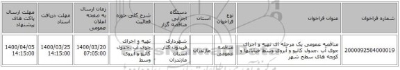 مناقصه عمومی یک مرحله ای تهیه و اجرای جوی آب ،جدول کانیو و آبروی وسط خیابانها و کوچه های سطح شهر 