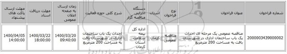 مناقصه عمومی یک مرحله ای احداث یک باب ساختمان اداری در شهرستان بافت به مساحت 200 مترمربع 