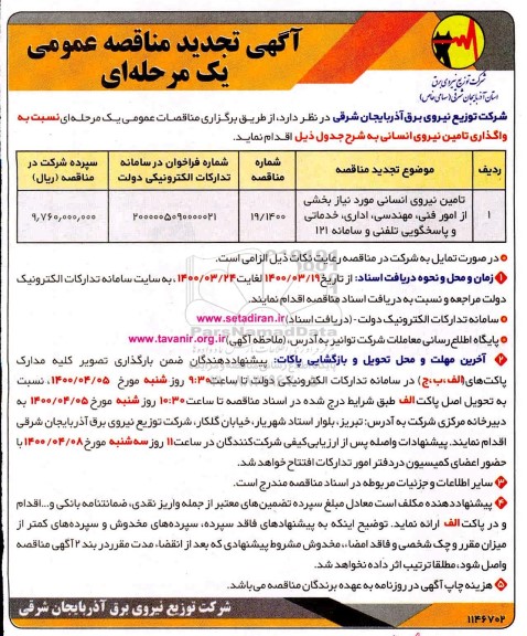 مناقصه تامین نیروی انسانی تجدید
