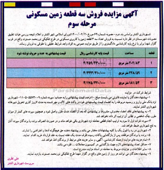 مزایده مزایده فروش 3 قطعه زمین مسکونی مرحله سوم