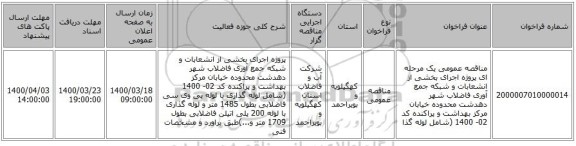 مناقصه عمومی یک مرحله ای پروژه اجرای بخشی از انشعابات و شبکه جمع آوری فاضلاب شهر دهدشت محدوده خیابان مرکز بهداشت و پراکنده کد 02-  1400 (شامل لوله گذا