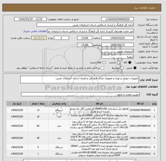استعلام تجهیزات صوتی و نوری و تصویری مراکز فرهنگی و هنری استان آذربایجان غربی