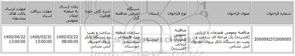 مناقصه عمومی همزمان با ارزیابی (فشرده) یک مرحله ای ساخت و نصب دو دستگاه تانکر برروی خودروی آتش نشانی