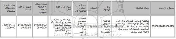 مناقصه عمومی همزمان با ارزیابی (فشرده) دو مرحله ای تهیه، حمل، تخلیه، نصب و راه اندازی یک دستگاه آسانسور هیدرولیکی جهت سالن 6000 نفری ساری 