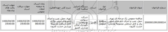 مناقصه عمومی یک مرحله ای تهیه، حمل، نصب و اجرای تابلو های اصلی برق و کابل ارتباطی مجموعه ورزشی خشت کازرون