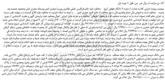 مزایده،مزایده فروش شش دانگ عرصه واعیان یک باب مغازه در طبقه همکف  به متراژ 154/54 متر مربع  