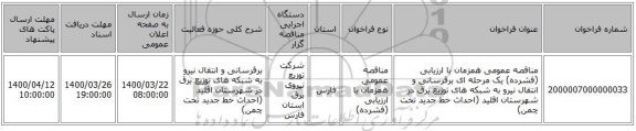 مناقصه عمومی همزمان با ارزیابی (فشرده) یک مرحله ای برقرسانی و انتقال نیرو به شبکه های توزیع برق در شهرستان اقلید (احداث خط جدید تخت چمن)