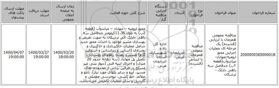مناقصه عمومی همزمان با ارزیابی (فشرده) یک مرحله ای عملیات اجرایی محور ارومیه-مهاباد-میاندوآب(قطعه ۲ب) حدفاصل سه راهی دارلک -ترشکان