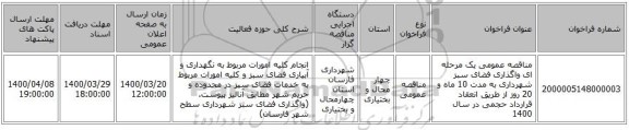 مناقصه عمومی یک مرحله ای واگذاری فضای سبز شهرداری به مدت 10 ماه و 20 روز از طریق انعقاد قرارداد حجمی در سال 1400