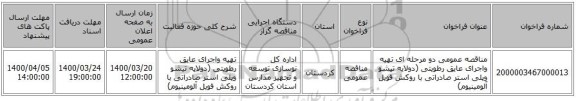 مناقصه عمومی دو مرحله ای تهیه واجرای عایق رطویتی (دولایه تیشو وپلی استر صادراتی با روکش فویل آلومینیوم)