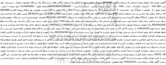 آگهی مزایده ششدانگ یک دستگاه خودروی سواری سیستم پژو