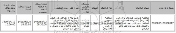 مناقصه عمومی همزمان با ارزیابی (فشرده) یک مرحله ای خرید لوله و اتصالات پلی اتیلن دوجداره کاروگیت با اتصال کوپلر سرخود قطر 250 میلیمتر 