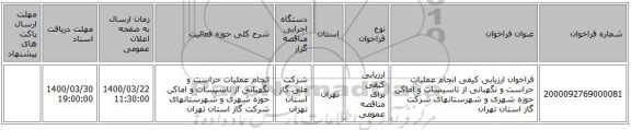 فراخوان ارزیابی کیفی انجام عملیات حراست و نگهبانی از تاسیسات و اماکن حوزه شهری و شهرستانهای شرکت گاز استان تهران
