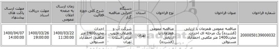 مناقصه عمومی همزمان با ارزیابی (فشرده) یک مرحله ای احداث مخزن1400  متر مکعبی احمدآباد مستوفی