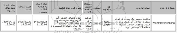 مناقصه عمومی یک مرحله ای انجام عملیات حفاری ، آند گذاری و راه اندازی چاههای حفاظت کاتدیک منطقه 9 گازرسانی تهران