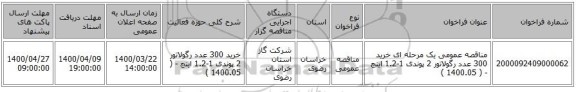 مناقصه عمومی یک مرحله ای خرید 300 عدد رگولاتور 2 پوندی 1-1.2 اینچ - ( 1400.05 ) 