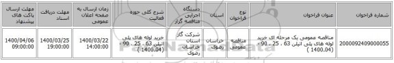 مناقصه عمومی یک مرحله ای خرید لوله های پلی اتیلن 63 ، 25 ، 90 - (1400.04 )