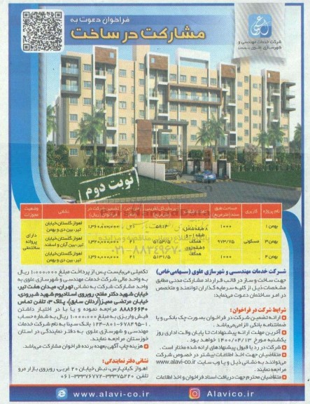 فراخوان ، فراخوان دعوت به مشارکت در ساخت با کاربری مسکونی - نوبت دوم 