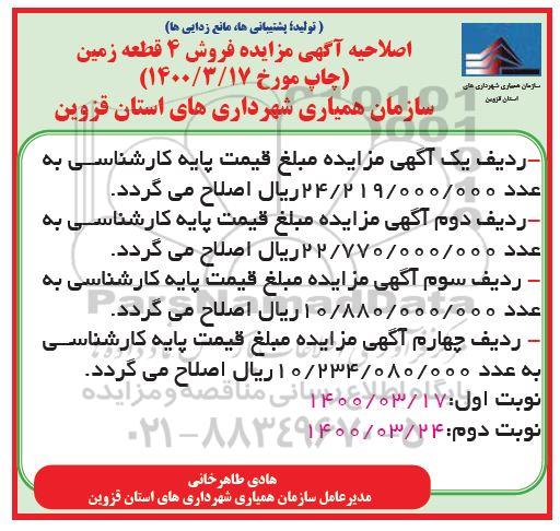 مزایده فروش 4 قطعه زمین