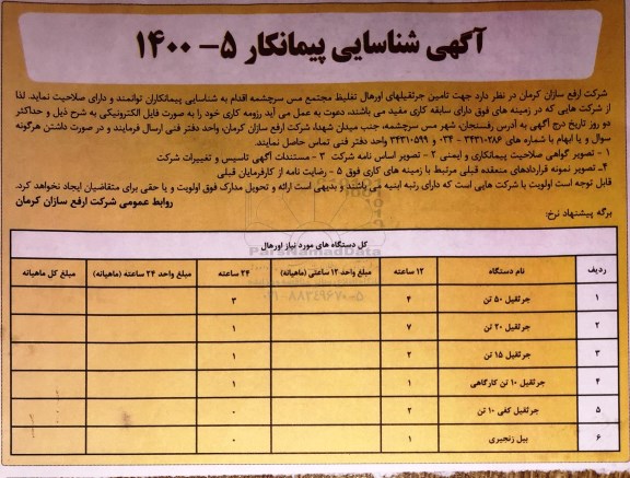 آگهی شناسایی پیمانکار جهت تامین جرثقیلهای اورهال تغلیظ مجتمع سرچشمه