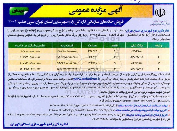 مزایده،مزایده فروش خانه های سازمانی نوبت اول