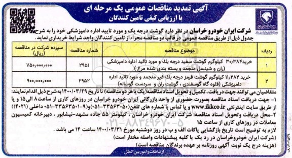 مناقصه گوشت درجه یک تمدید