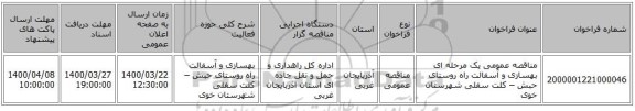 مناقصه عمومی یک مرحله ای بهسازی و آسفالت راه روستای حبش – کلت سفلی شهرستان خوی