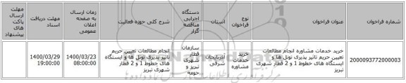 خرید خدمات مشاوره انجام مطالعات تعیین حریم تاثیر پذیری تونل ها و ایستگاه های خطوط 1 و 2 قطار شهری تبریز