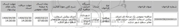مناقصه عمومی یک مرحله ای اجرای روکش اسفالت ناکارامد خیابان ها و معابر سطح شهر شازند 