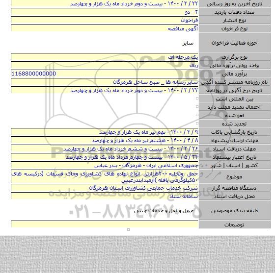 حمل وتخلیه ۲۰۰هزارتن انواع نهاده های کشاورزی وخاک فسفات (درکیسه های ۵۰کیلوگرمی  یافله )ازمبدابندرعبس