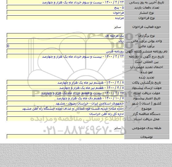 اجاره  مکان اغذیه،فست فود،کنتاکی و غذای آماده ایستگاه راه آهن مشهد