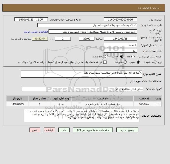 استعلام واگذاری امور ثبت نسخ مرکز بهداشت شهرستان بهار