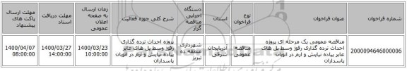 مناقصه عمومی یک مرحله ای پروژه احداث نرده گذاری رفوژ وسط پل های عابر پیاده نیایش و ارم در اتوبان پاسداران