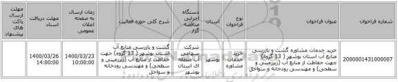 خرید خدمات مشاوره گشت و بازرسی منابع آب استان بوشهر ( 13 گروه) جهت حفاظت از منابع آب (زیرزمینی و سطحی) و مهندسی رودخانه و سواحل