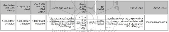 مناقصه عمومی یک مرحله ای واگذاری کلیه عملیات برق رسانی درحوزه امورتوزیع برق 5رشت-لشت نشاء(حوزه شهری)1400-115